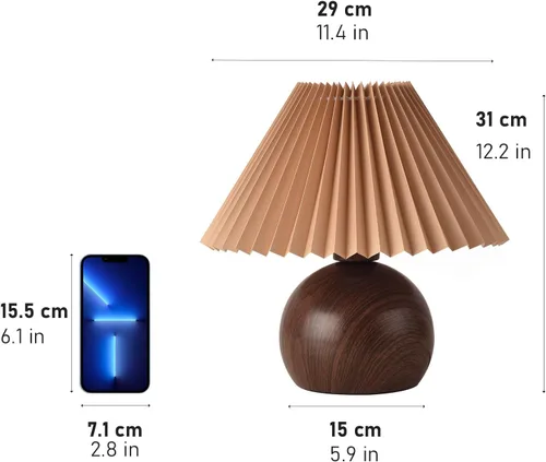 Vista 2 de KUNJOULAM Lámpara de mesa plisada retro, moderna lámpara de mesita de noche con pantalla marrón, base de metal de 5.9 pulgadas para dormitorio