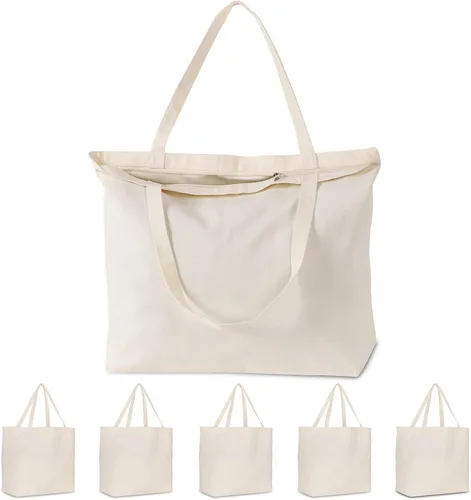Vista 11 de Koolmox Bolsas de lona con cremallera, paquete de 6 bolsas de algodón de 17 x 14 pulgadas con parte inferior plana, bolsas de compras reutilizables