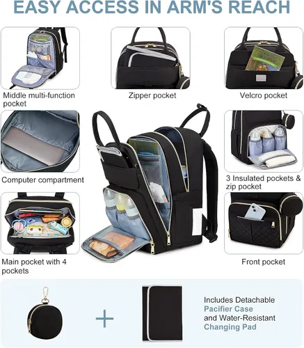 Vista 5 de MOONBABY Mochila para pañales, bolsas de pañales para bebés con cambiador portátil y estuche para chupete, mochilas multifuncionales para pañales