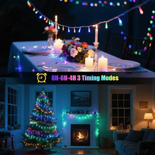 Vista 3 de Luces de Navidad con 8 modos de iluminación, 200 luces LED de 66 pies con control remoto, cadena de luces recargables para exteriores, decoraciones