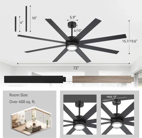 Vista 8 de Ventiladores de techo de 72 pulgadas con luces y control remoto, moderno ventilador de techo negro para sala de estar, patio, cocina, motor CC
