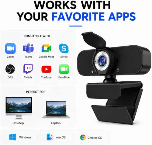 Vista 7 de Cámara Web 1080P para Computadora/Laptop/Escritorio/PC, Cámara Externa con Micrófono, USB Plug&Play, Corrección Automática de Baja Luz, Cubierta