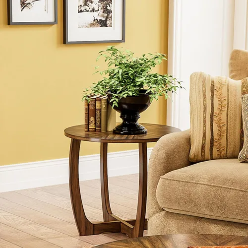Vista 6 de PADMA HOUSE - Mesa auxiliar redonda de madera con patas curvas, mesa única de copo de nieve Brown Walnut Wood Tabletop & Legs, 23.6"D x 21.7"H