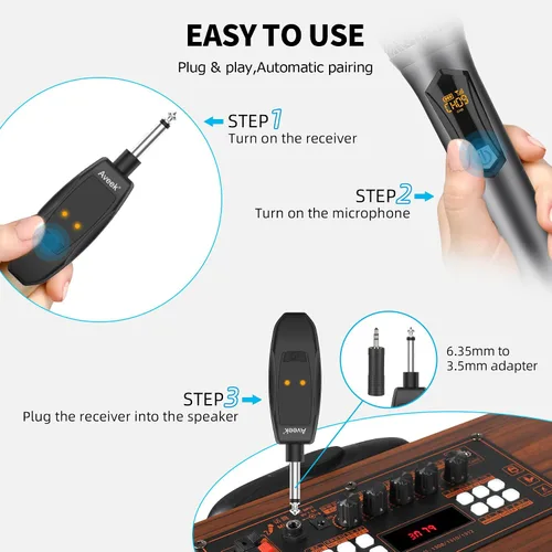 Vista 7 de Aveek Micrófono inalámbrico para karaoke, micrófono recargable de karaoke de 2.4GHz (funciona 10hs), para altavoz, máquina de karaoke, iglesia, gris