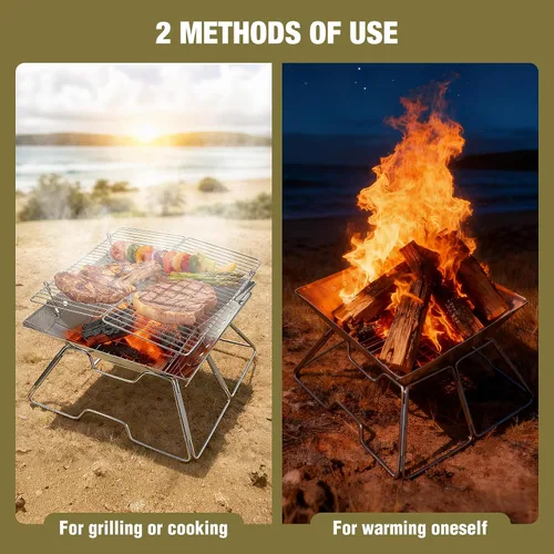 Vista 8 de Fogata portátil con parrilla para campamento, hoguera plegable de alta resistencia con parrilla de fogata y bolsa de transporte para exteriores