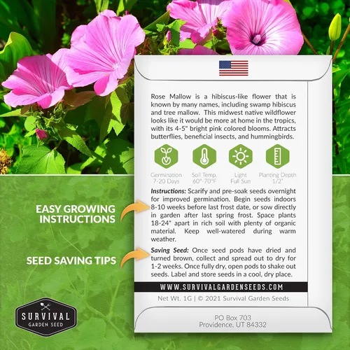 Vista 2 de Survival Garden Seeds - Semilla de malva rosa para plantar - Paquete con instrucciones para plantar y cultivar flores silvestres nativas