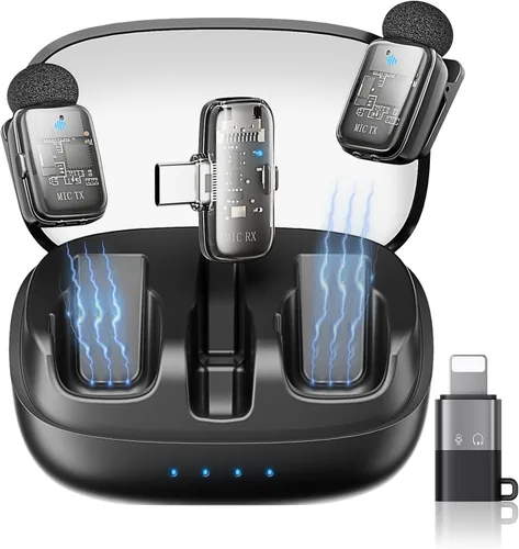 Vista 13 de Paquete de 2 micrófonos de solapa inalámbricos para iPhone, iPad y teléfono Android, micrófono de solapa Plug and Play, micrófono inalámbrico