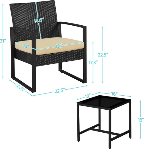 Vista 9 de YAHEETECH - muebles de patio conjuntos para interior o al aire libre. de mimbre moderno, juego de mesa auxiliar bistró, 3 piezas Negro/Caqui