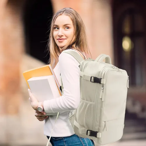 Vista 9 de Hanples Mochila de viaje para mujeres y hombres, mochila grande para artículos personales, mochila para laptop aprobada por la TSA Flight, Beige