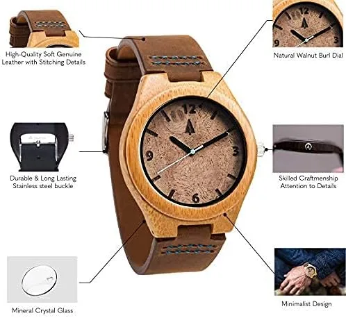 Vista 4 de Treehut Reloj de madera de bambú de nogal para hombre con correa de cuero marrón genuino analógico de cuarzo con movimiento Miyota, 1.3 pulgadas..