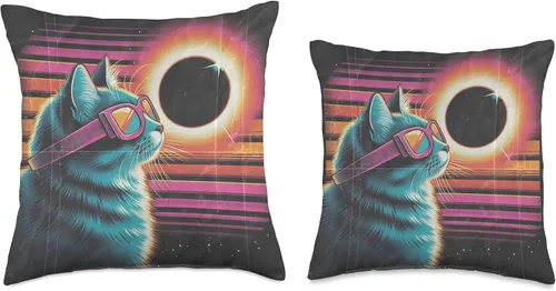 Vista 3 de Cat Solar Eclipse - Synthwave Retro Poster Style Almohada