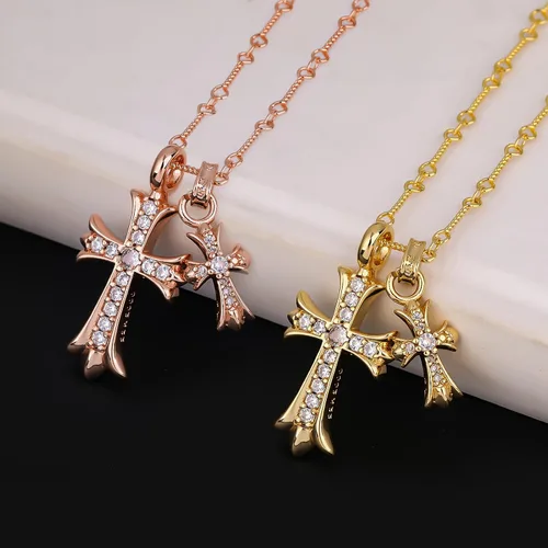 Vista 5 de Collar de cruz chapado en oro de 14 quilatesplata de ley con colgante de doble cruz CZ, collares de cruz de circonita cúbica para mujeres, hombres