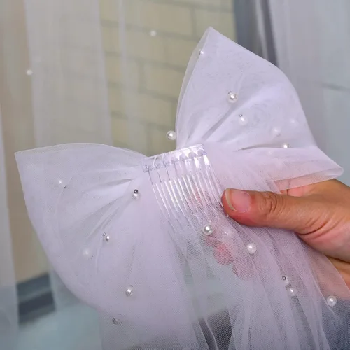 Vista 3 de Decoraciones de despedida de soltera blanco perla lazo para el cabello velo de boda accesorios para el cabello regalo de despedida de soltera