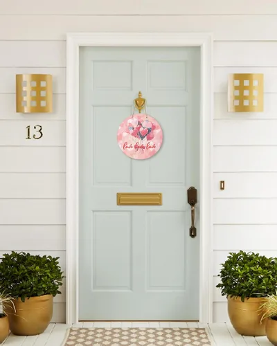Vista 3 de Seasonal Front Door Welcome Sign, Valentine's Day Heart Shape Balloon Round Wood Wreaths Wall Hanging Sign for Outdoor Porch Wall Pediments Home