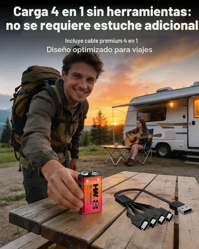 Vista 6 de HW Paquete de 4 baterías de 9 voltios, batería de litio recargable de 1400 mAh de 9 V con cable de carga rápida USB C, baterías cuadradas de más
