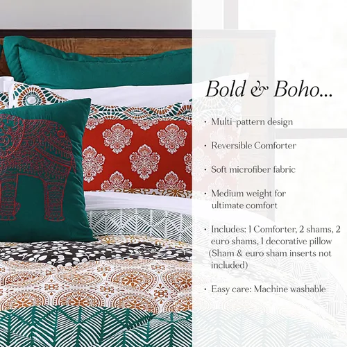 Vista 6 de Lush Decor - Juego de ropa de cama de 3 piezas, colorido diseño bohemio a rayas, reversible