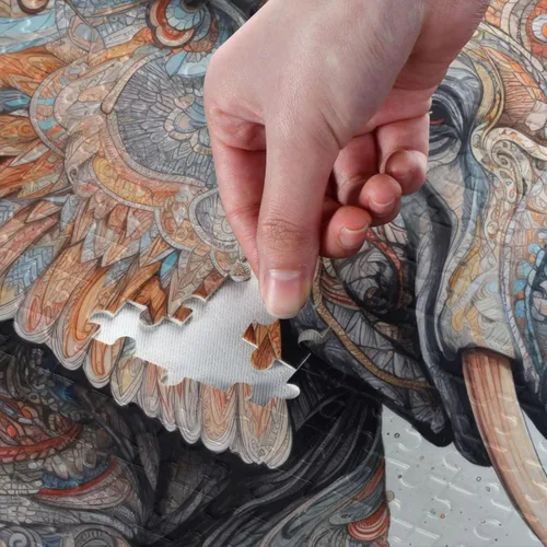 Vista 4 de Rompecabezas de madera de 1000 piezas con estampado de elefante de tótem, Zcon bolsa de almacenamiento con partición del alfabeto, fácil de resolver
