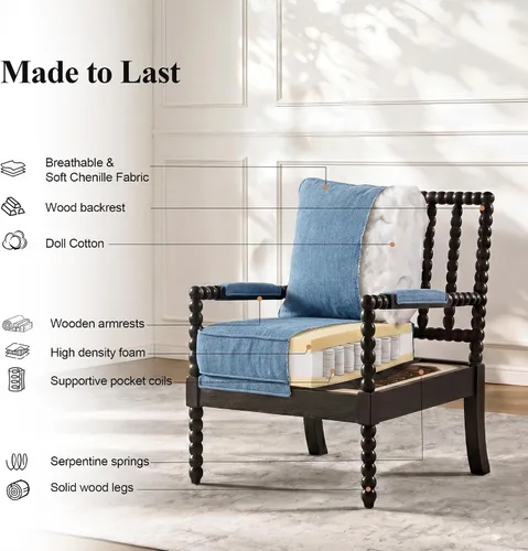 Vista 5 de DUHOME Silla decorativa de tela de lino con marco de madera, sillas de carrete de acento modernas con asiento de resorte acolchado y base azul