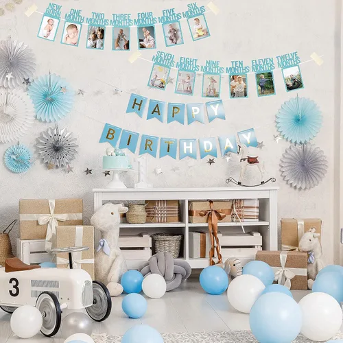 Vista 9 de PartyHooman Paquete de decoraciones de primer cumpleaños para niños, una caja para el primer cumpleaños y el primer cumpleaños