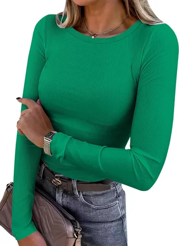 Vista 38 de ANRABESS - Camisetas de manga larga para mujer, de punto acanalado, ajustadas, básicas, 2025, informales, para usar a capas o debajo del uniforme