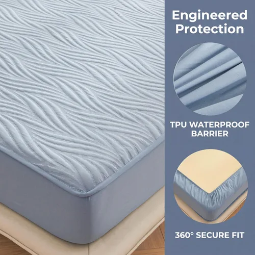 Vista 4 de Protector de colchón impermeable azul individual XL con protector de almohada, protege contra derrames de líquidos, suave, silencioso