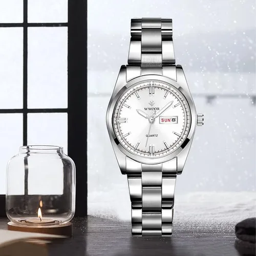 Vista 3 de Gosasa Reloj analógico de cuarzo para mujer, correa de acero inoxidable, color plateado, Reloj analógico