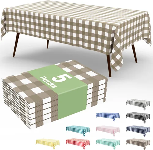 Vista 92 de Smiry Paquete de 3 Manteles Desechables de Cuadros Gingham Color Caqui - 54" x 72" Mantel de Plástico de Servicio Pesado, Cubiertas de Mesa