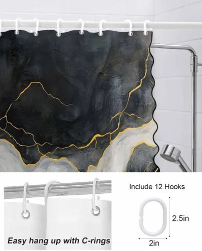 Vista 7 de Scalloped Shower Curtain for Bathroom 36"x72" Modern Minimalism Black Marble White Texture Waterproof Wave Bathroom Shower Curtain Sets with Hooks