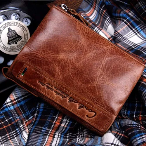 Vista 7 de FENICAL billetera plegable de piel para hombre, billetera con doble cremallera, ligera, unisex, color marrón