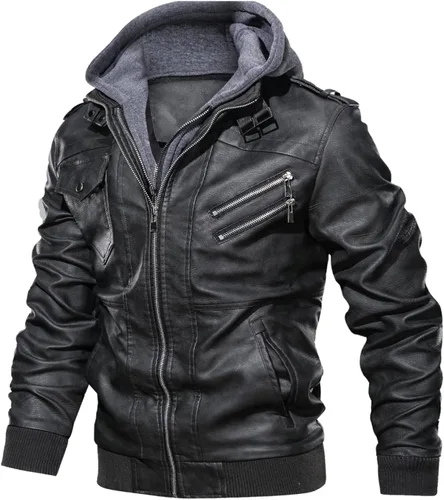 Vista 5 de ROSANI Chaqueta de piel sintética Can-am para hombre, chaqueta de motocicleta con capucha extraíble, impermeable casual con cremallera, color negro