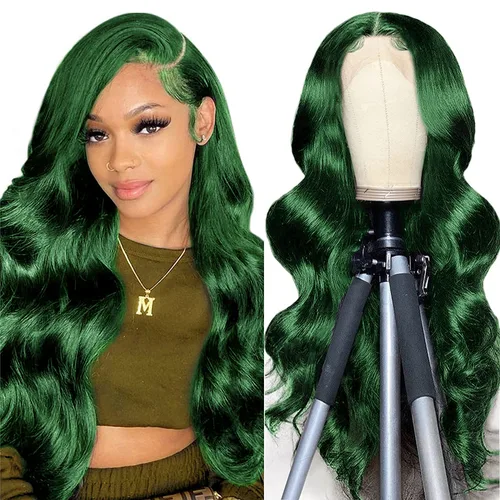 Vista 13 de Colorful Bird Pelucas de cabello humano brasileño ondulado con encaje frontal de 13 x 4 HD, predepilada con abuelitos, color verde oscuro, pelucas