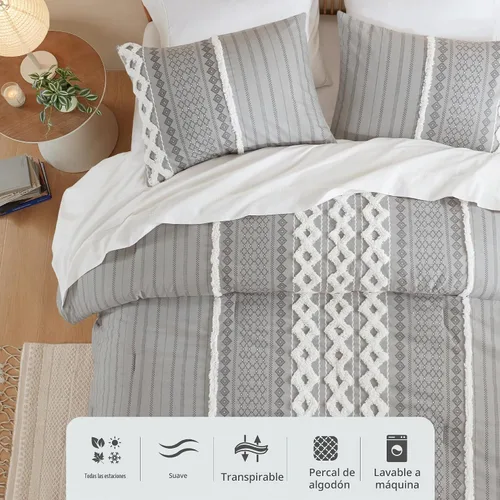 Vista 4 de INK+IVY Edredón para cama tamaño Queen, chenilla con mechones, juego de edredón de algodón transpirable Queen, edredón bohemio moderno para todas