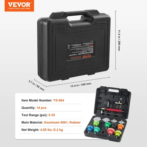 Vista 6 de VEVOR Kit de probador de presión de radiador para sistema de refrigeración automotriz, kit de probador de presión de radiador de 14 piezas con bomba