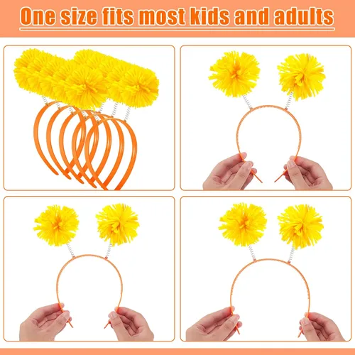 Vista 3 de Tigeen Diadema con pompones para la cabeza, 12 unidades, color amarillo (disfraz) para mujeres y adultos, accesorios para fiestas de cumpleaños