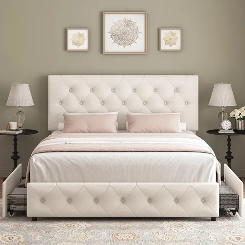 Vista 3 de Keyluv - Base de cama tapizada moderna con 4 cajones, diseño de cabecera con botones, soporte de listones de madera maciza, fácil montaje, tela