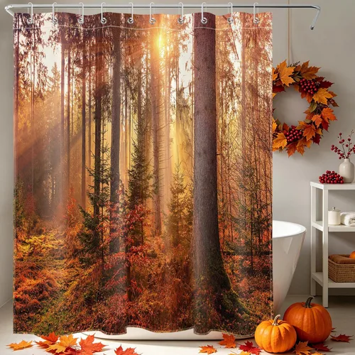 Vista 49 de HVEST Cortina de ducha con ganchos, calabaza espeluznante y fantasma con sombrero de bruja negro, juego de cortina de ducha naranja con flores