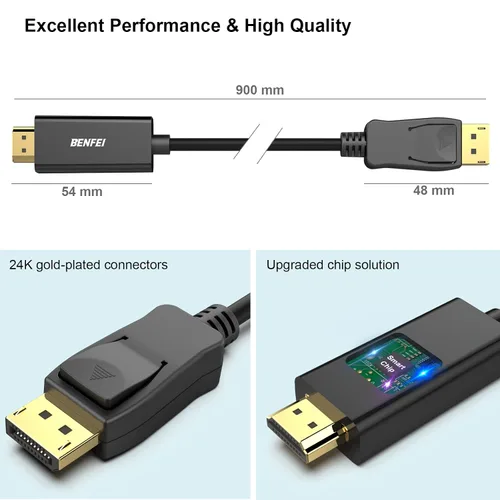 Vista 6 de Cable BENFEI de DisplayPort a HDMI 4K, 0,91 m, unidireccional, DP 1.2 de computadora a pantalla HDMI 1.4, chapado en oro, compatible con Lenovo, HP
