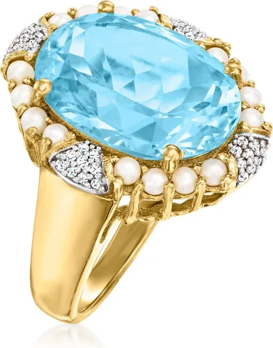 Vista 3 de Ross-Simons Anillo de topacio azul cielo de 11.00 quilates con diamantes y perlas de semillas de 0.10 quilates en oro de 18 quilates sobre plata
