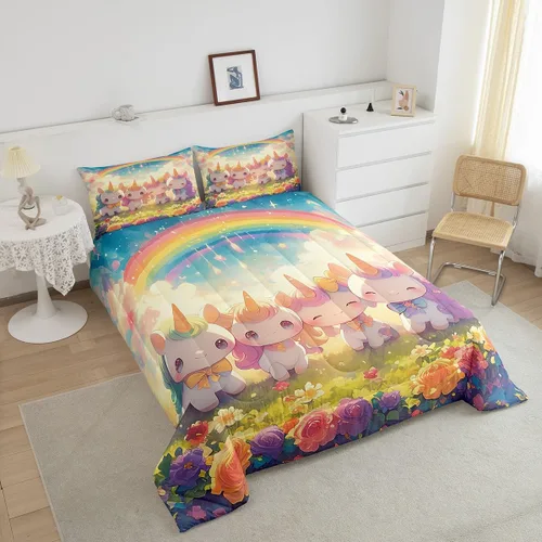 Vista 5 de Castle Fairy Juego de edredón de unicornio tamaño individual, reversible, lindo unicornio, arcoíris, caricatura, caballos, animales, para niños