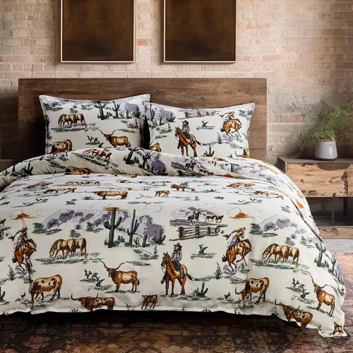 Vista 2 de Paseo Road Ranch Life Western Bedding - Juego de funda de edredón de algodón de 2 piezas, tamaño individual, estampado verde de cuernos largos