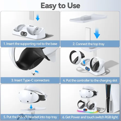 Vista 6 de Estación de carga PSVR 2 con luz RGB, PSVR 2 accesorios base de carga y pantalla de auriculares PSVR2, soporte PSVR 2 con interruptor táctil