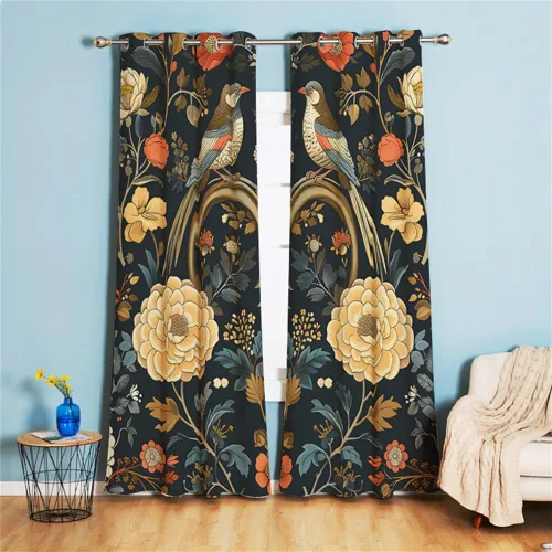 Vista 7 de Koudi Cortinas opacas con diseño de pájaros y flores, cortinas de oscurecimiento con ojales, paneles de cortina con aislamiento térmico