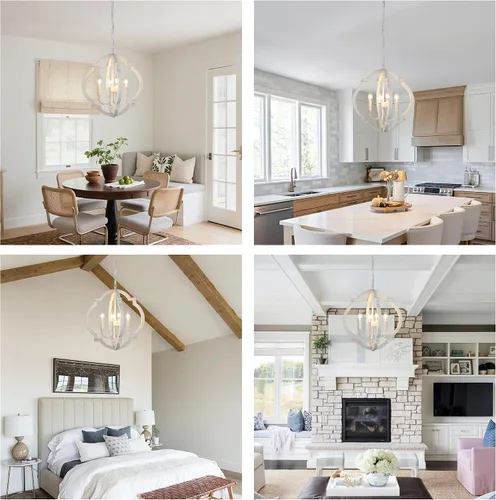 Vista 7 de Lámpara de araña blanca para comedor - Lámpara colgante moderna de 4 luces, luces colgantes de madera rústica para cocina, isla, sala de estar