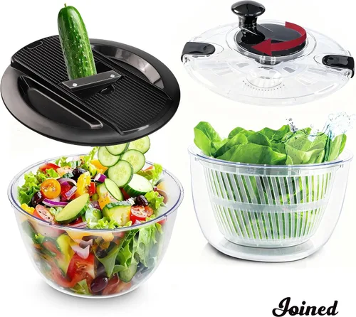 Vista 6 de Joined Centrifugadora Grande para Ensaladas y Cortadora de Mandolina 6 en 1, Centrifugadora de Lechuga Multiuso con Drenaje, Tazón y Colador