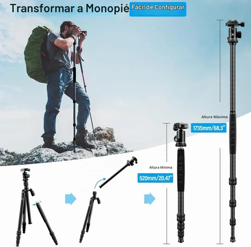 Vista 3 de SIRUI Traveler 7C Trípode para Cámara de 65.55 pulgadas Fibra de Carbono Trípode Arca con Cabezal de Bola Panorámica E-10 de 360° y Placa