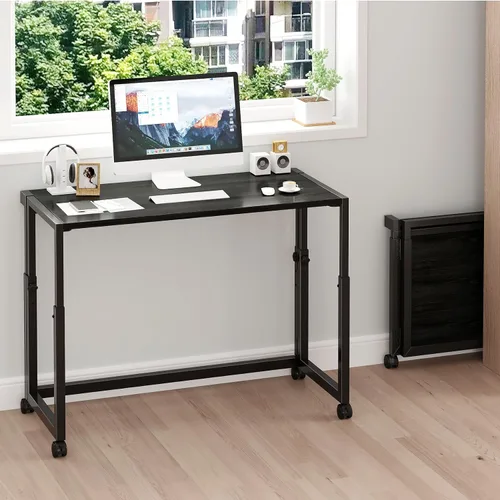 Vista 2 de JSB Escritorio plegable ajustable de 33.2 pulgadas para espacios pequeños, mesa portátil móvil para computadora portátil con ruedas, escritorio Negro