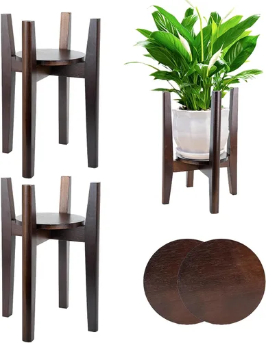 Vista 7 de Soporte ajustable para plantas con bandeja, soporte de madera para plantas de interior para macetas de 8 a 12 pulgadas, moderno soporte para macetas