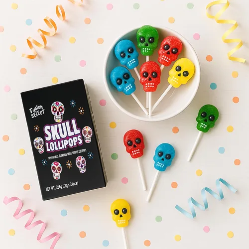 Vista 3 de Fusion Select 24 paletas de calavera de azúcar, dulces coloridos de Halloween y Día de los Muertos, golosinas novedosas envueltas individualmente