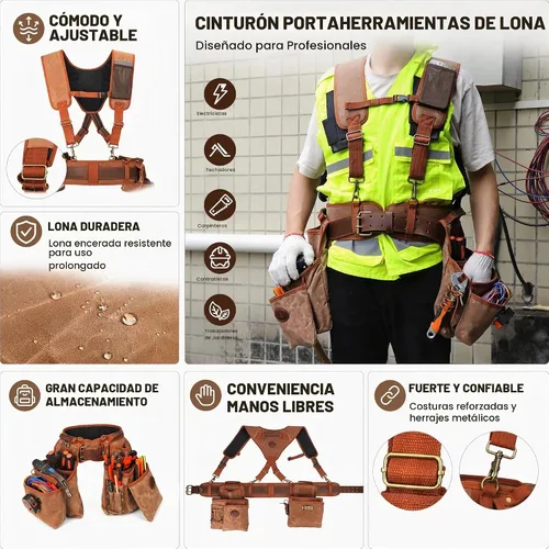 Vista 9 de Tourbon Cinturón de herramientas para carpintería resistente con tirantes desmontables de lona acolchada para enmarcadores de construcción