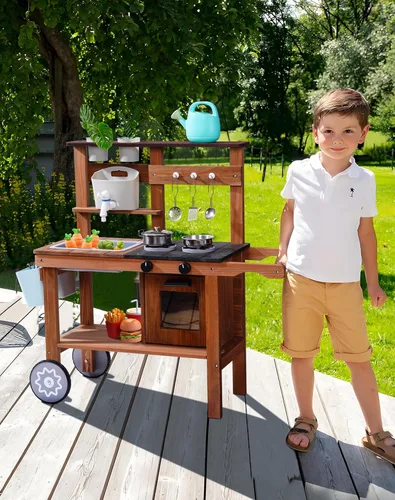 Vista 9 de ROBUD Cocina de barro para niños al aire libre con ruedas, cocina de madera al aire libre, cocina de barro para niños con fregadero y grifo